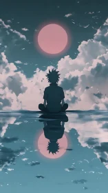 Quiet skywatcher resting between twin pastel moons.