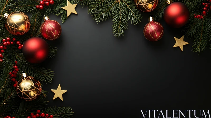 Christmas ornaments and fir branches on black background.