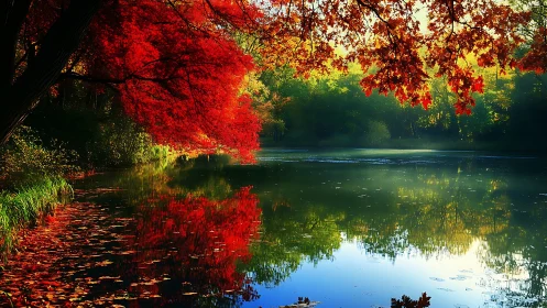 Autumn foliage over calm reflective lake surface at sunrise.