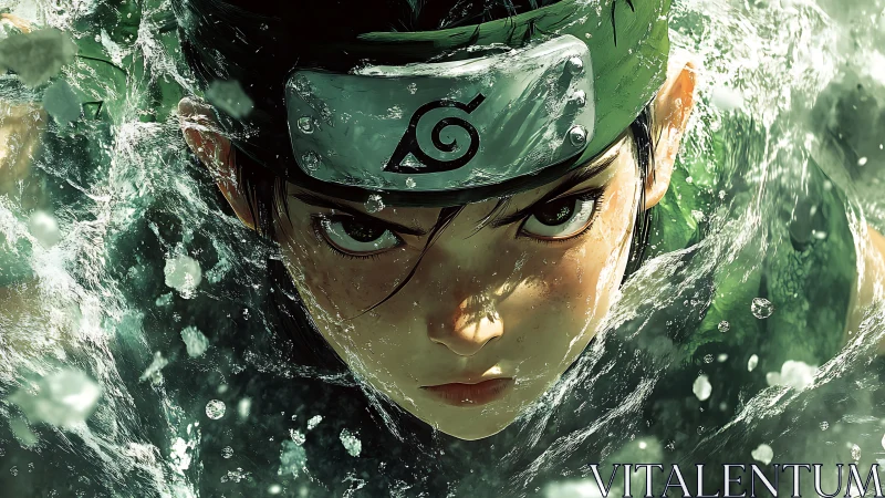 Anime ninja portrait in dynamic water splash environment.