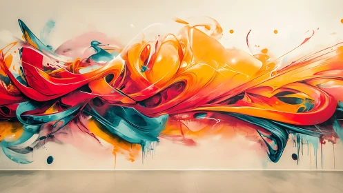 Large abstract wall mural with dynamic curved color forms.