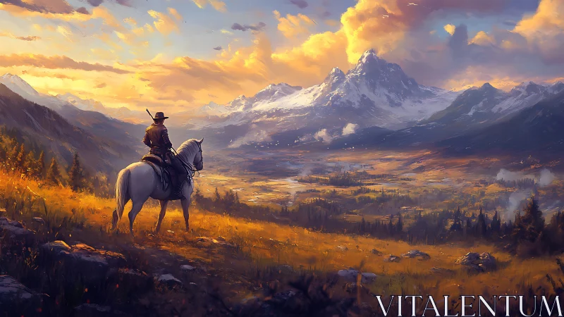Lone rider surveys golden valley beneath blazing peaks.