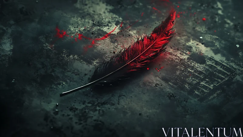 Red feather on dark textured ground with scattered droplets.