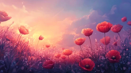 Red Poppy Field at Sunset with Golden Sky