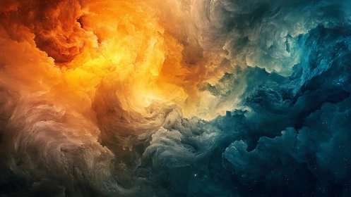 Fiery cosmic nebula collides with deep teal storm clouds