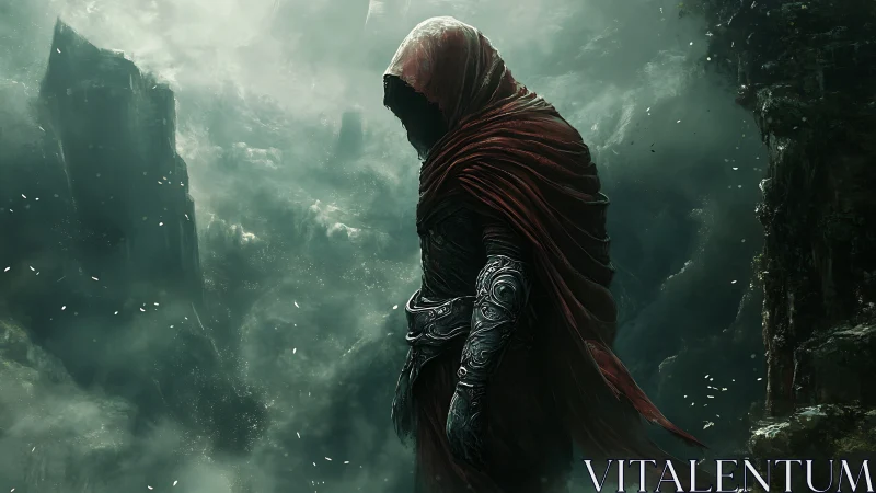 Hooded warrior stands over misty chasm in stormy light