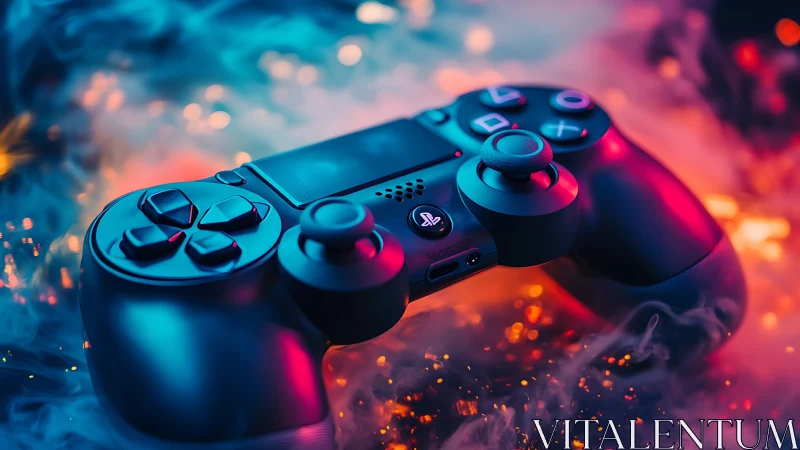 Neon-lit gamepad floats like a starship over pixel smoke