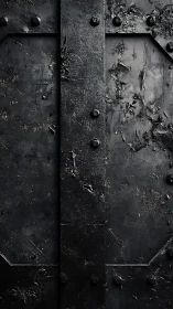 Weathered black metal door shows industrial grit and depth.