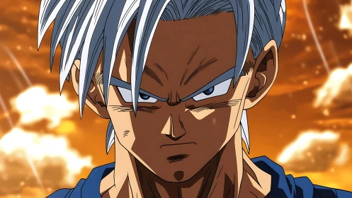 Determined anime warrior standing strong at sunset.