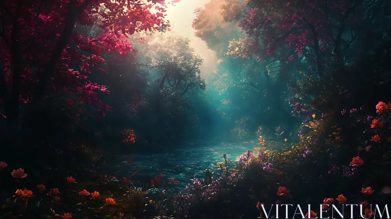 Enchanted riverside glade glowing with dreamy forest light.