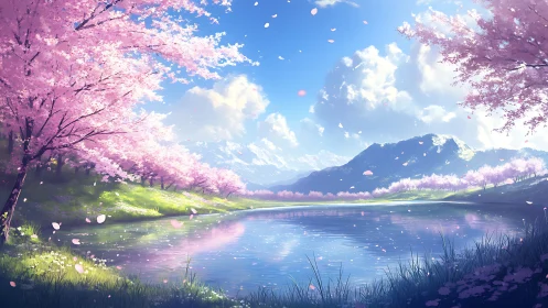 Cherry blossom lake landscape under bright spring sky.