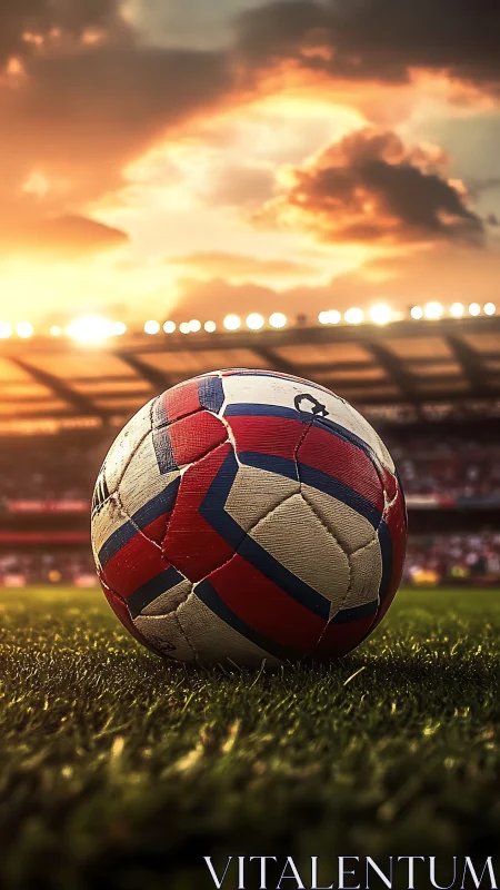 Sunlit soccer ball on stadium turf at golden hour.