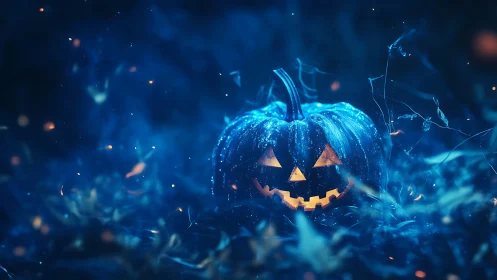 Blue jack o lantern in misty night forest environment.