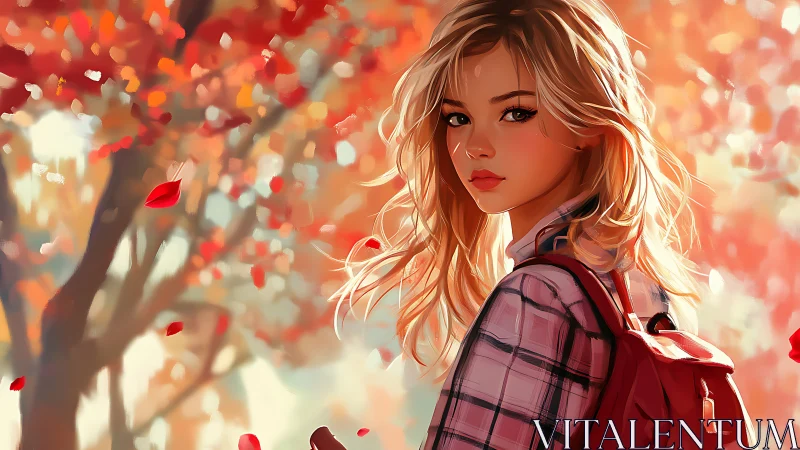 Gentle autumn walk as a blonde girl pauses among falling leaves