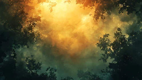 Golden forest canopy glowing through dense misty light.