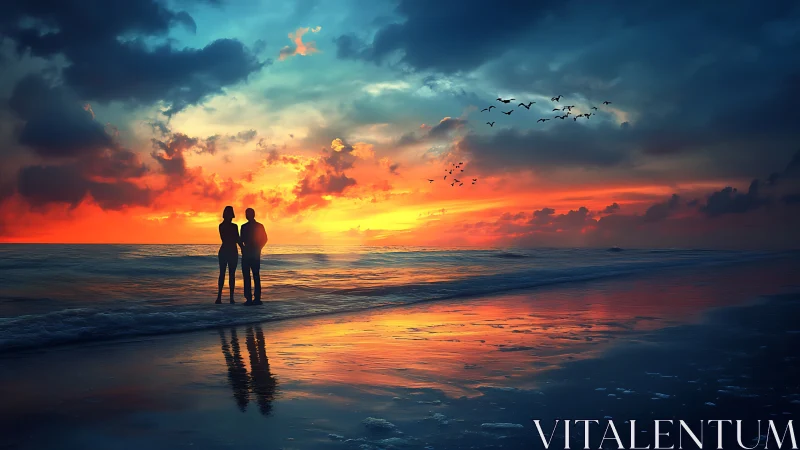 Couple embraces on shoreline under blazing sunset sky.