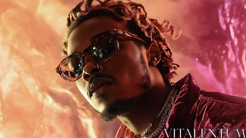 Solar-glow swagger portrait in molten pink and amber haze.