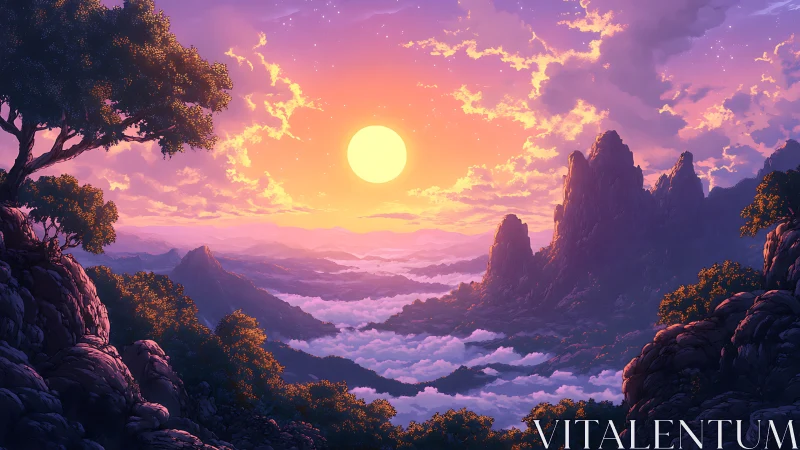Sunset glow over dreamy mountains and a quiet cloud sea.