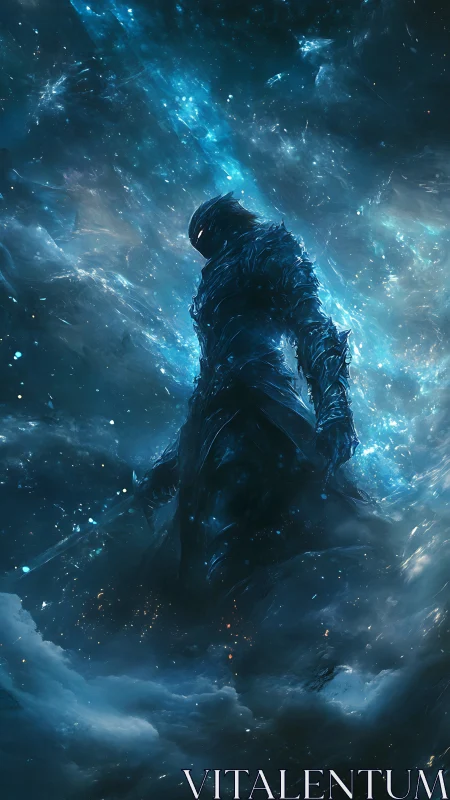 Cosmic armored figure emerging in swirling blue void.
