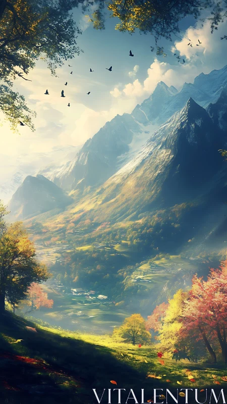 Mountain valley landscape is rendered with directional sunlight