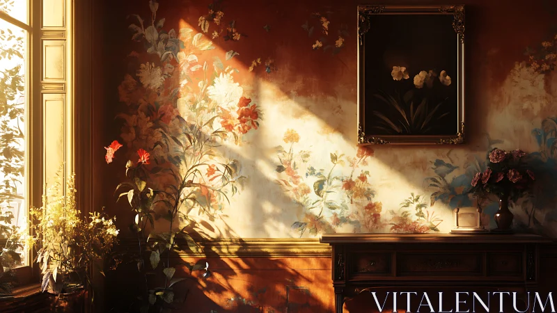 Sunlit floral mural in nostalgic vintage interior glow.