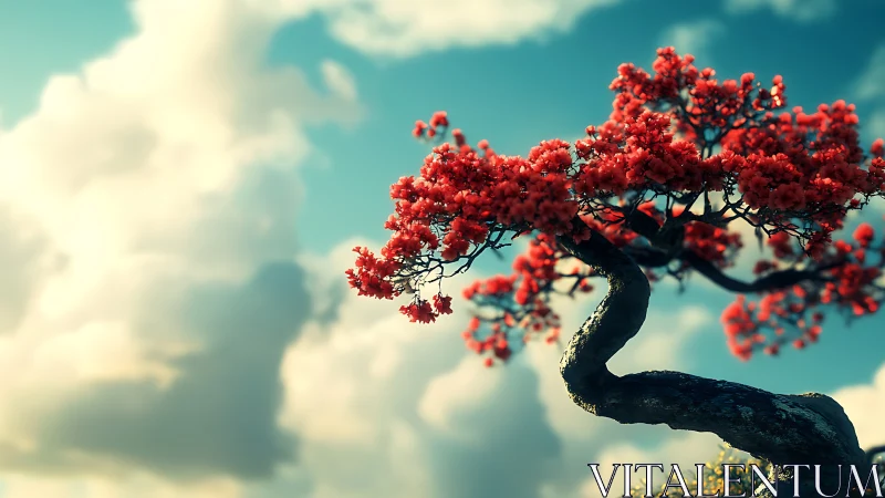 Vibrant red bonsai tree against dreamy sky in surrealist style.