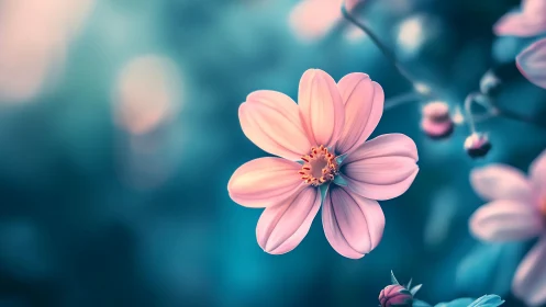 Pink Cosmos Flower with Gradient Blue Bokeh Background.