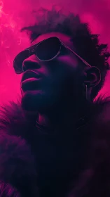 Neon-saturated portrait under high-contrast chromatic backlight.