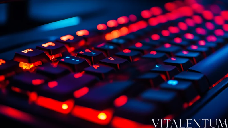 RGB gaming keyboard glows in vivid red and blue light.