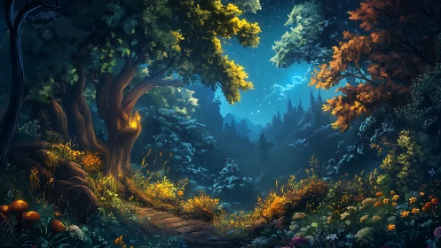 Enchanted Forest Landscape with Castle Silhouette at Night