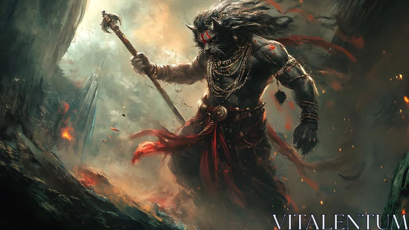 Storm-clad lion god strides through molten mountain dusk