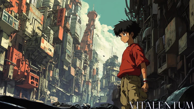 Solitary boy in dense cyberpunk slum corridor at dusk.