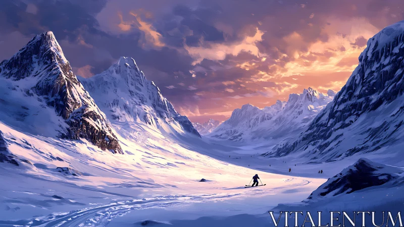 Skier crossing broad snowy valley between steep peaks.