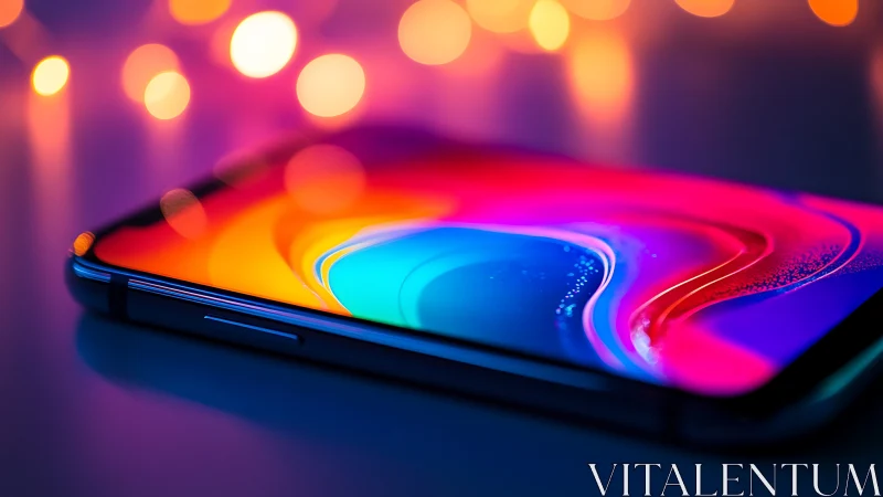Neon holographic smartphone display with flowing gradient abstract design