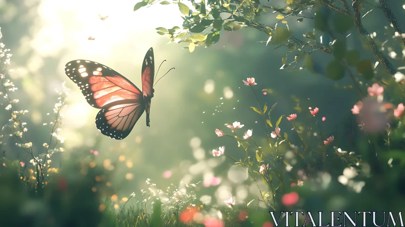 Vibrant butterfly in sunlit garden, dreamy soft-focus nature scene.