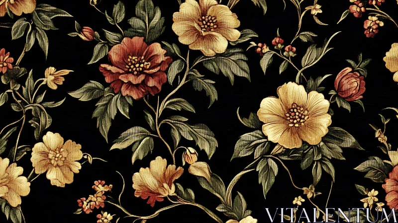 Ornate Floral Botanical Pattern on Black Background.
