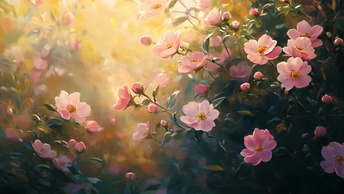 Sunlit wild roses bloom against a softly diffused golden haze