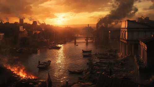 Sunset over burning classical riverside city in ruins.
