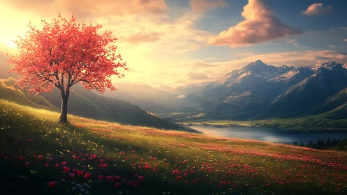 Pink-blossomed tree stands on sunlit meadow above mountain lake