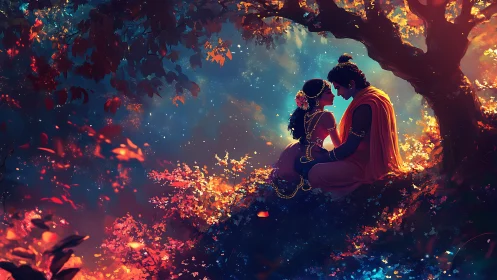 Couple Embracing in Mystical Fire Cave with Golden Light
