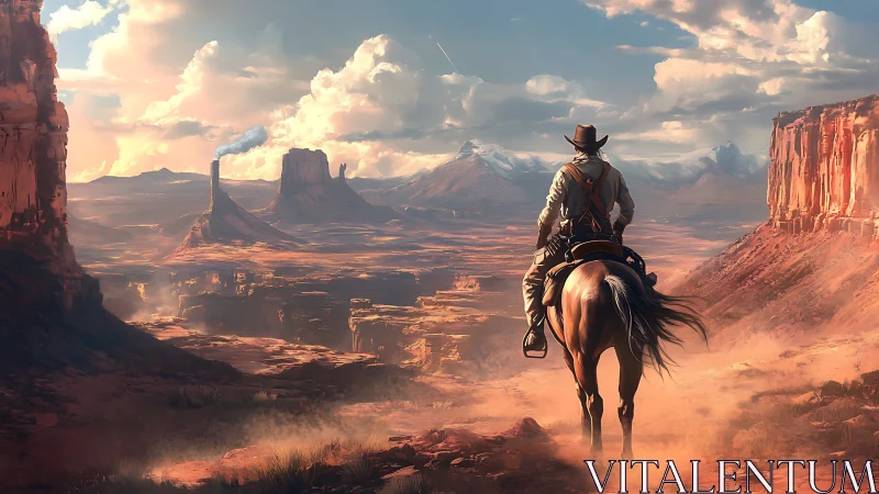 Lone rider on horseback crossing expansive desert canyon.