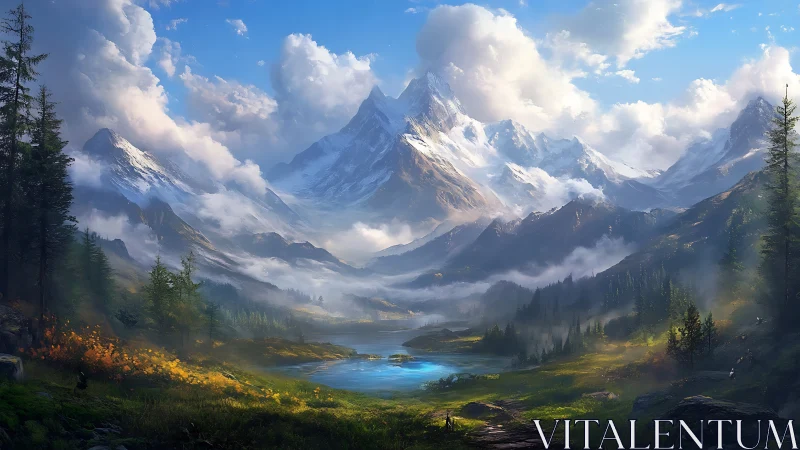 Sunlit alpine valley with towering snow peaks and river.