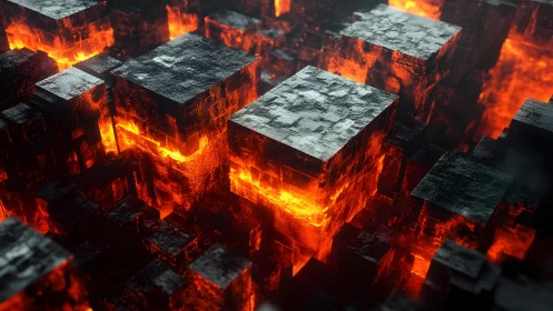 Glowing Lava Cubes in Geometric Abstract Digital Art Scene.
