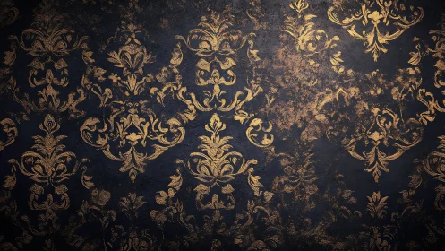 Dark textured wall with distressed gold damask pattern.