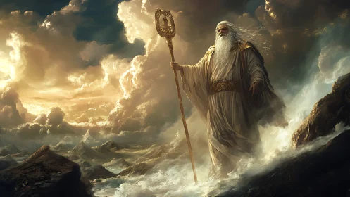 Wise sea guardian strides through glowing storm clouds.