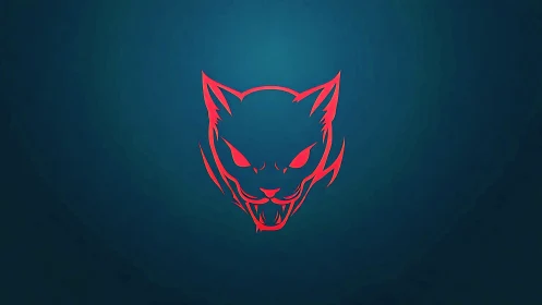 Red neon feline emblem on deep teal radial gradient background.
