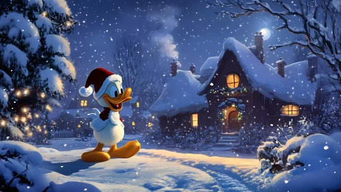 Cartoon duck in Santa hat beside snowy moonlit cottage