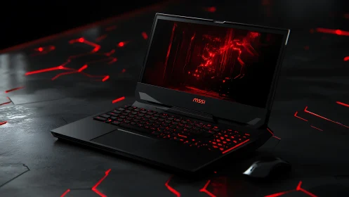 Gaming laptop glows with red cybernetic lighting on dark surface