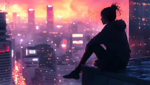 Quiet rooftop daydreams above a glowing sunset cityscape.