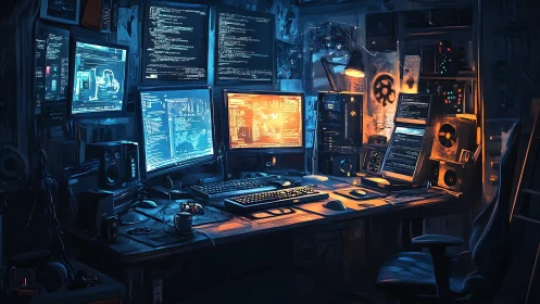Cyberpunk multi-monitor hacker workstation in moody neon lighting.